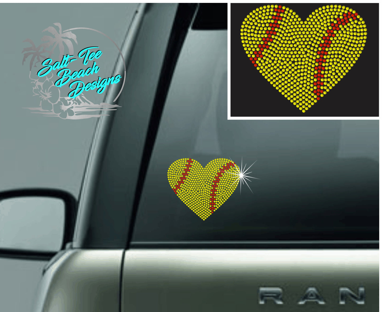 Heart Shaped Softball Rhinestone Decal